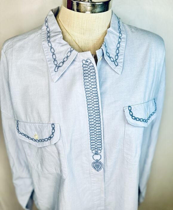 Wear 2 Tops - Vtg Blue Button Up With Chain Link & Heart Embroidery Western Cottage Plus 24W